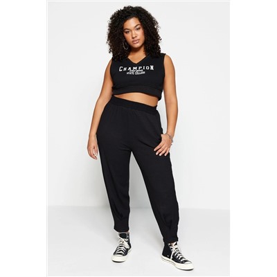Siyah Havuç Fit Beli Lastikli Örme Büyük Beden Pantolon TBBSS23AR00002