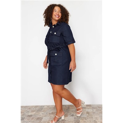 Koyu Mavi Kuşak Detaylı Mini Denim Gömlek Elbise TBBSS24AH00124