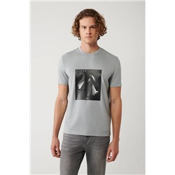Avva, Erkek Gri Bisiklet Yaka Baskılı Interlok T-shirt A41y1008