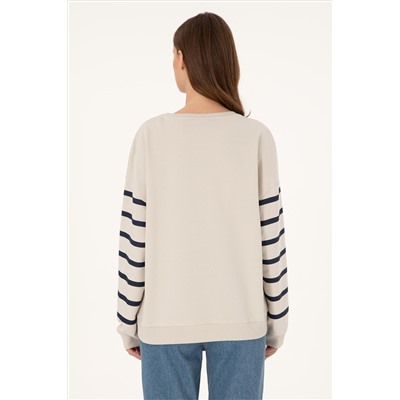 Kadın Taş Çizgili Bisiklet Yaka Sweatshirt