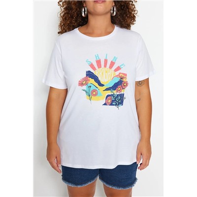 Beyaz Boyfriend Fit Bisiklet Yaka Baskılı %100 Pamuk Örme Büyük Beden T-Shirt TBBSS22TS1944