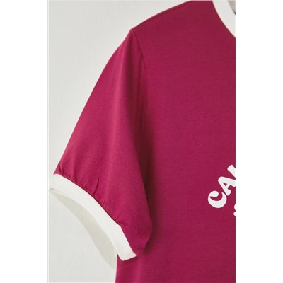 Koyu Vişne Bisiklet Yaka Basklı Örme Büyük Beden T-Shirt TBBSS25BF00014