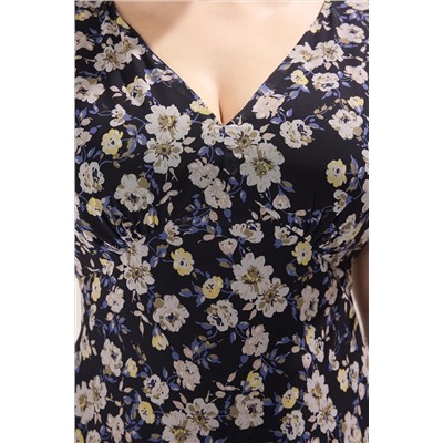 Lacivert Çiçekli Midi Şifon Dokuma Büyük Beden Elbise TBBSS25AH00132