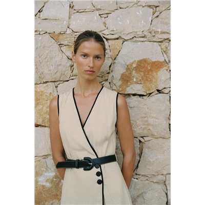 BELTED LINEN BLEND MIDI DRESS