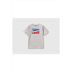 United Colors of BenettonErkek Çocuk Gri Melanj Tenis Kortu Baskılı T-shirt