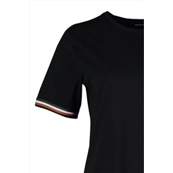 Siyah Bisiklet Yaka %100 Pamuk Kolları Biye Detaylı Örme Büyük Beden T-shirt Elbise TBBSS22EL1591