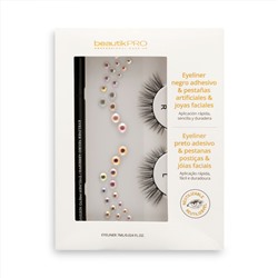 Kit pestañas postizas con eyeliner negro adhesivo y joyas faciales Beautik Pro