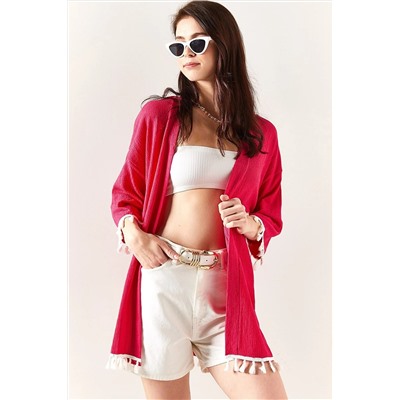 Olalook Kadın Fuşya Püsküllü Dokuma Salaş Kimono KMN-00000062