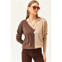 Olalook, Kadın Kahve Camel Bloklu Şardonlu Salaş Bluz BLZ-19002519