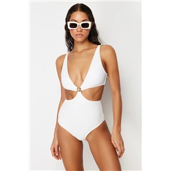 Trendyolmilla Ekru V Yaka Premium Yıldız Aksesuarlı Regular Mayokini TBESS24MY00011