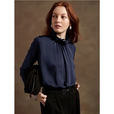 Mixed Media Ruffle Mock-Neck Top