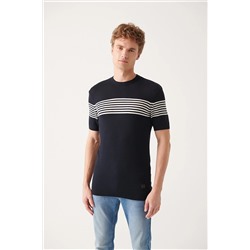 Avva Lacivert Bisiklet Yaka Göğüsü Ve Kolu Çizgi Detaylı Ribanalı Regular Fit Triko T-shirt A31Y5116
