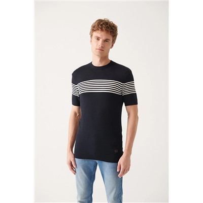Avva Lacivert Bisiklet Yaka Göğüsü Ve Kolu Çizgi Detaylı Ribanalı Regular Fit Triko T-shirt A31Y5116