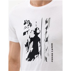 Beyaz Slim Fit Baskılı Bisiklet Yaka Tişört