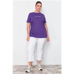 Mor Boyfriend Fit Slogan Baskılı Bisiklet Yaka %100 Pamuk Örme Büyük Beden T-Shirt TBBSS23BF00022