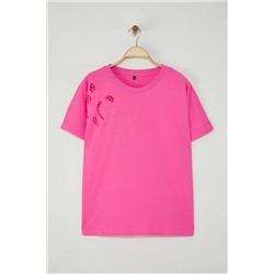 Pembe Detaylı Basic %100 Pamuk Örme T-shirt TBBSS24BF00055