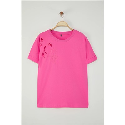 Pembe Detaylı Basic %100 Pamuk Örme T-shirt TBBSS24BF00055