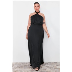 Siyah Halter Yaka Saten Maxi/Uzun Boy Büyük Beden Party/Mezuniyet/Abiye Elbise TBBSS24AH00150