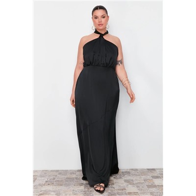 Siyah Halter Yaka Saten Maxi/Uzun Boy Büyük Beden Party/Mezuniyet/Abiye Elbise TBBSS24AH00150