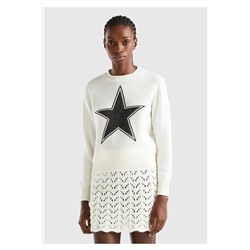 United Colors of Benetton Kadın Beyaz Kaşmir Karışımlı Lurex Yıldız Desenli Kazak 123A1135E107A