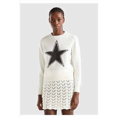 United Colors of Benetton Kadın Beyaz Kaşmir Karışımlı Lurex Yıldız Desenli Kazak 123A1135E107A