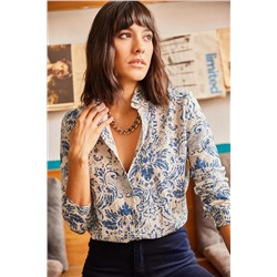 Olalook Kadın Ekru Mavi Desenli Viskon Gömlek GML-19000891