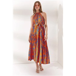 Olalook, Kadın Zebra Turuncu Halter Yaka Kuşaklı Dokuma Viscon Elbise ELB-19001548