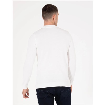 Ekru Slim Fit Çeyrek Yaka Basic Triko Kazak