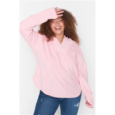 Pembe Kapüşonlu Kalın Polar Örme Sweatshirt TBBAW23AO00064