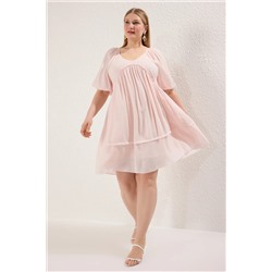 Pembe Balon Kol Crinkle Mini Dokuma Büyük Beden Elbise TBBSS25AH00168