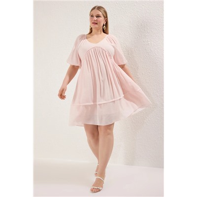Pembe Balon Kol Crinkle Mini Dokuma Büyük Beden Elbise TBBSS25AH00168