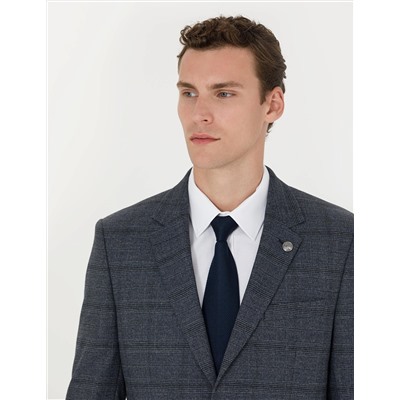 Lacivert Slim Fit Ekose Takım Elbise
