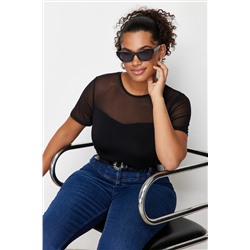 Siyah Kalp Yaka Mesh Detaylı Örme Bluz TBBSS24AF00046