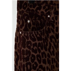 Kahverengi Süet Görünümlü Leopar Desenli Yüksek Bel Büyük Beden Wide Leg Jeans TBBAW26CJ00045