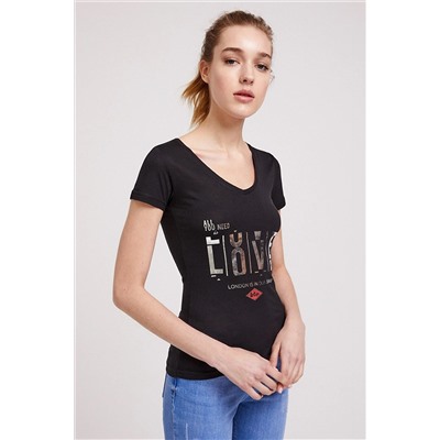 Lee Cooper Kadın Love V Yaka T-Shirt Siyah 202 LCF 242006