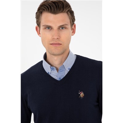 Erkek Slim Fit V Yaka Lacivert Basic Kazak