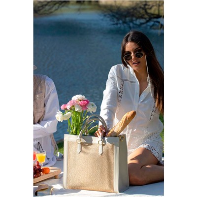 Bolso de rafia y piel Tulum Beige y gris claro