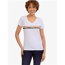 V-NECK STRIPE FOIL GRAPHIC T-SHIRT