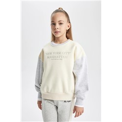 Defacto Kız Çocuk Baskılı Bisiklet Yaka İçi Yumuşak Tüylü Kalın Sweatshirt B4674A823WN
