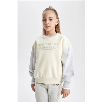 Defacto Kız Çocuk Baskılı Bisiklet Yaka İçi Yumuşak Tüylü Kalın Sweatshirt B4674A823WN