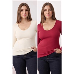 Bordo-Ekru 2'li Paket V Yaka Fitted/Vücuda Oturan Pamuklu Esnek Örme Bluz TBBAW26AF00018