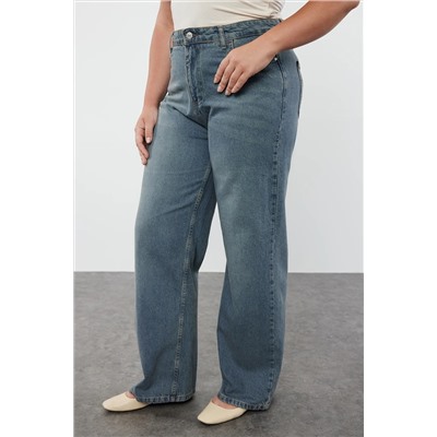 Mavi Yüksek Bel Soluk Efekt Vintage Yıkama Geniş Paça Büyük Beden Wide Leg Jeans TBBSS24CJ00042
