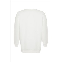 Bej Kalın İçi Polarlı Yırtmaçlı Oversize/Bol Kesim Örme Büyük Beden Sweatshirt TBBAW24AO00003