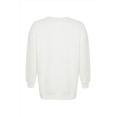 Bej Kalın İçi Polarlı Yırtmaçlı Oversize/Bol Kesim Örme Büyük Beden Sweatshirt TBBAW24AO00003