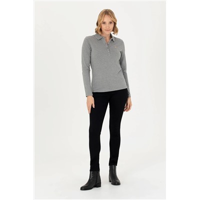 Kadın Gri Melanj Basic Polo Yaka Sweatshirt