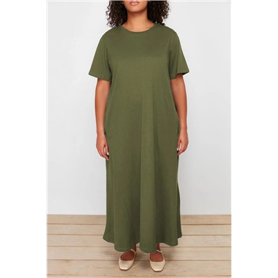 Haki Midi %100 Pamuk Örme T-shirt Elbise TBBSS24AH00067