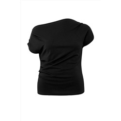 Siyah Büzgü/Drape Detaylı Dökümlü Asimetrik Yaka Örme Bluz TBBSS25AF00119