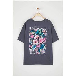 Antrasit Oversize Fit %100 Pamuk Ön ve Arka Baskılı Örme Büyük Beden T-Shirt TBBSS25BF00002