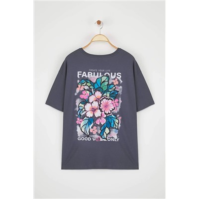 Antrasit Oversize Fit %100 Pamuk Ön ve Arka Baskılı Örme Büyük Beden T-Shirt TBBSS25BF00002