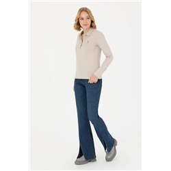 Kadın Bej Polo Yaka Basic Sweatshirt